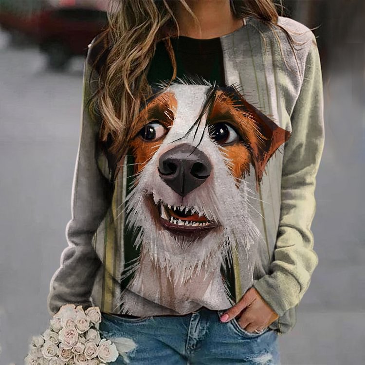 Artwishers Dog Print Casual Crewneck Sweatshirt