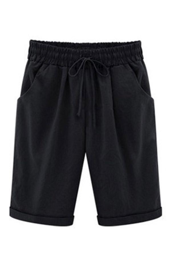Solid Casual Self-tie Side Pockets Short Pants