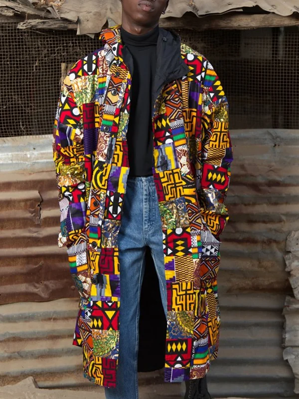 Men's Multicolor Geometric Pattern All Over Print Hooded Coat