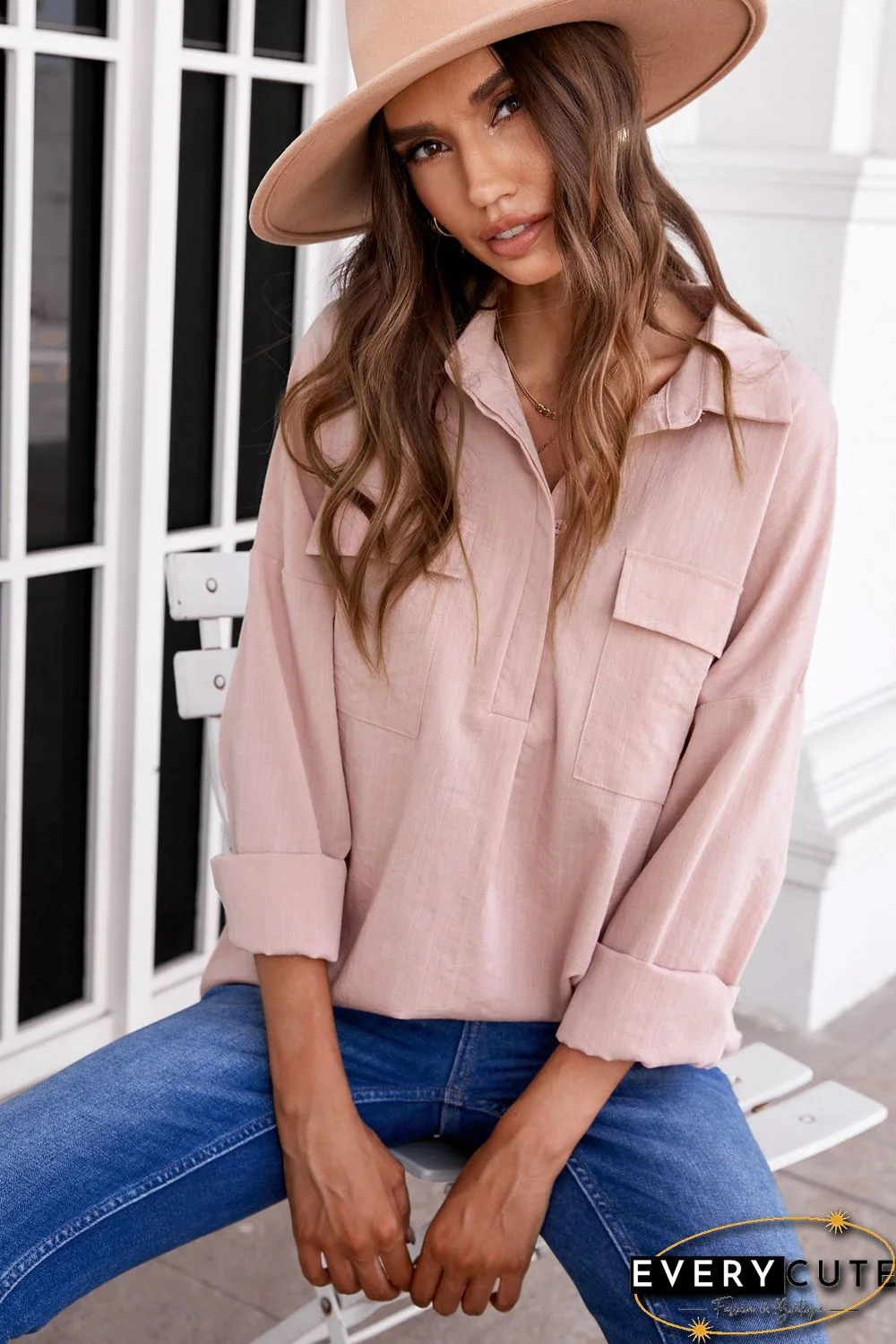 Khaki Buttoned Long Sleeve Shirt with Pocket