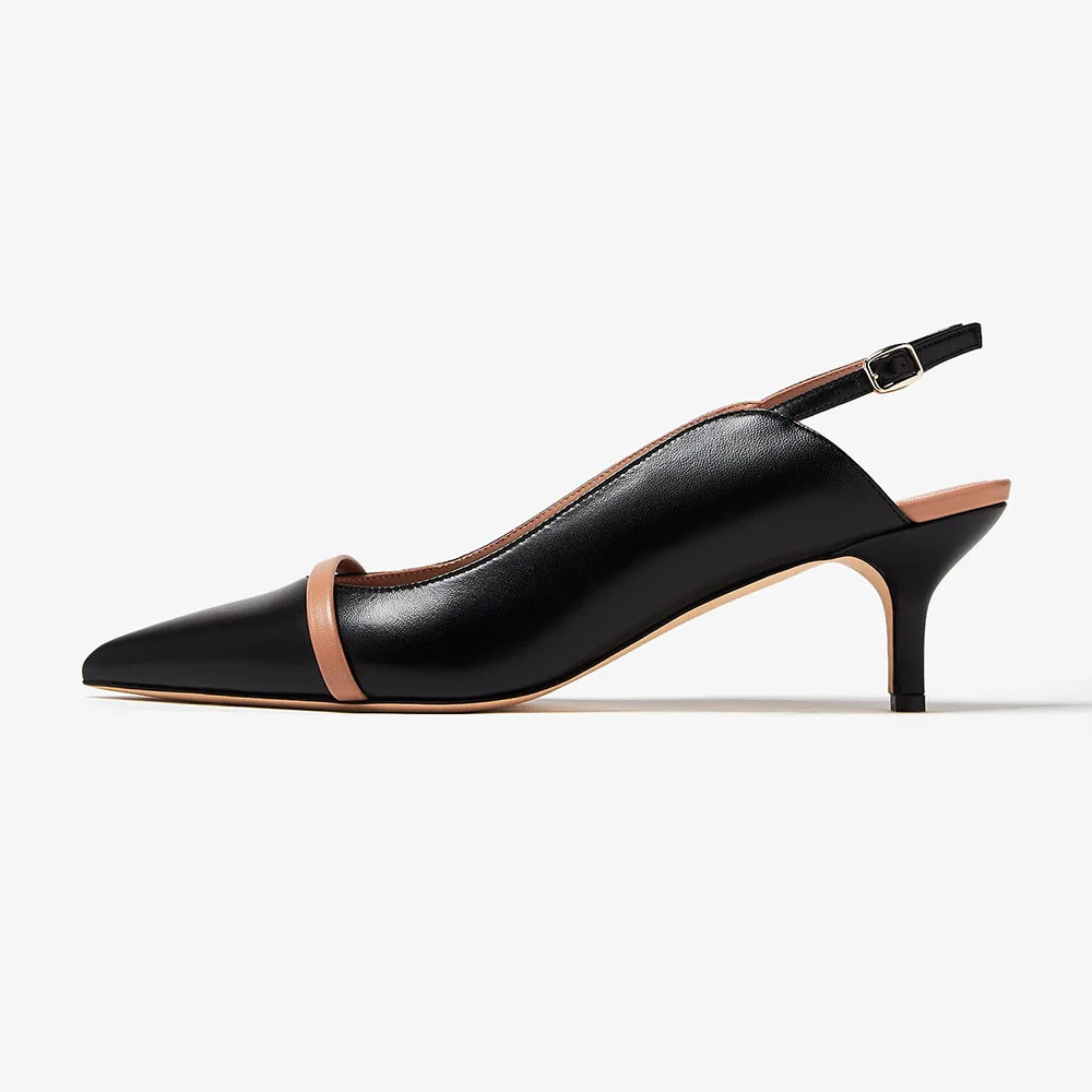 Black Vegan Leather Kitten Heel Slingback Pumps with Pointed Toe