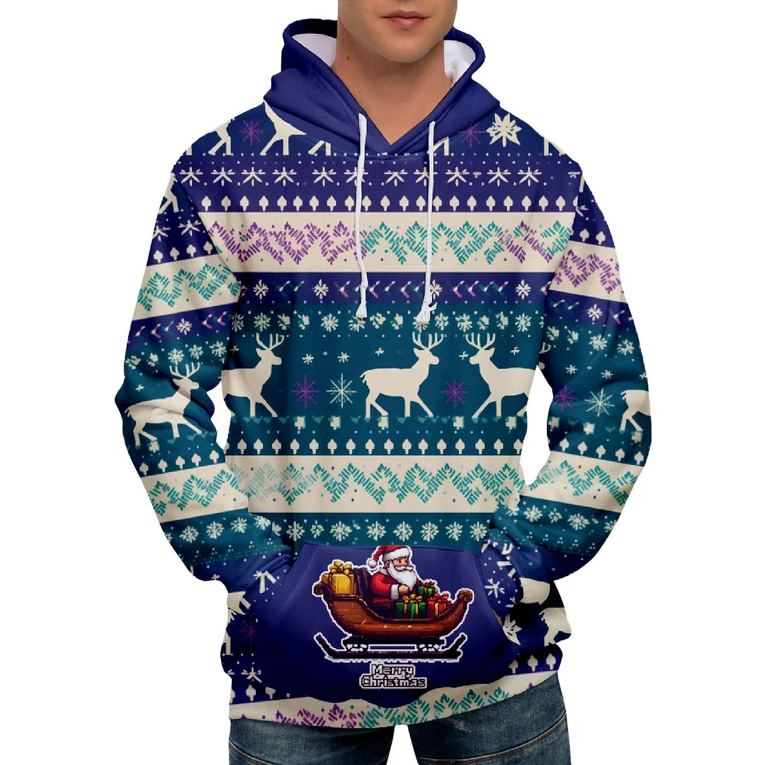 Men's Casual Sports Christmas Reindeer Series 3D Digital Printed Hooded Pullover