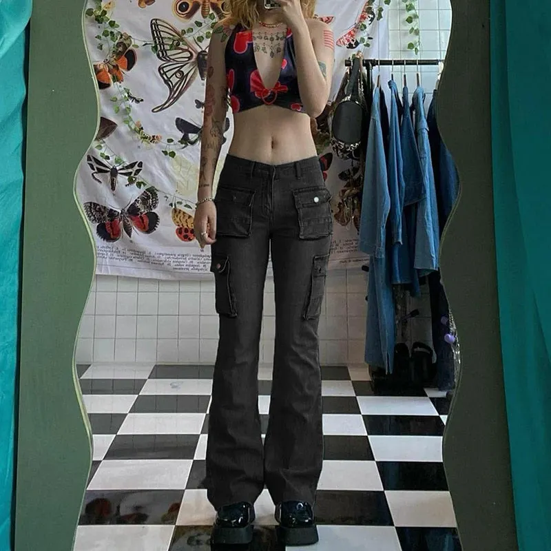 Rapcopter y2k Pockets Flare Jeans Aesthetic Low Waisted Cargo Pants Strecthy Retro Basic Harajuku Trousers Women Korean Joggers