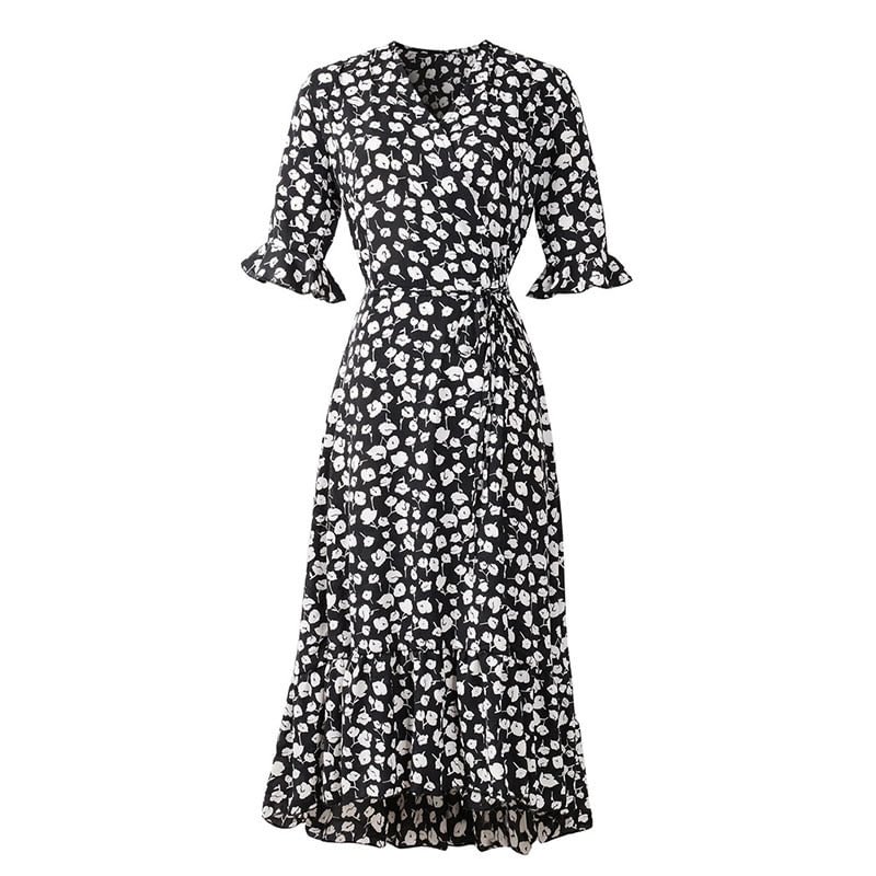 Vintage Floral Printing Women Summer Chiffon Dress 2022 Fashion Casual Elegant Ruffles Short Sleeve Split Boho Beach Sundress