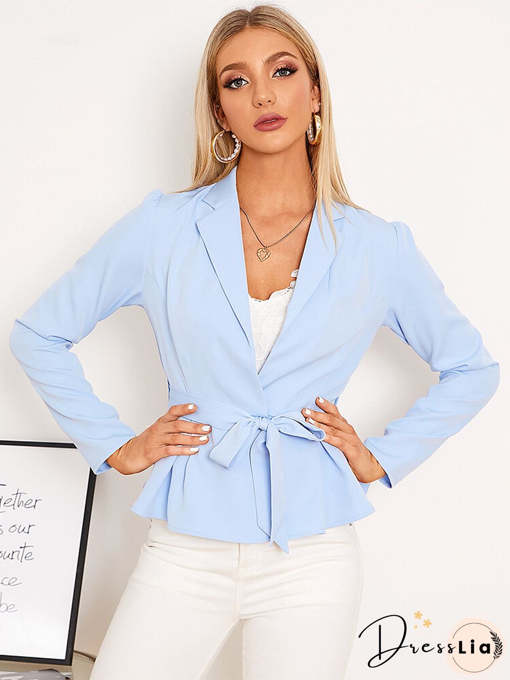 Solid Belt Long Sleeve Lapel Blazer For Women