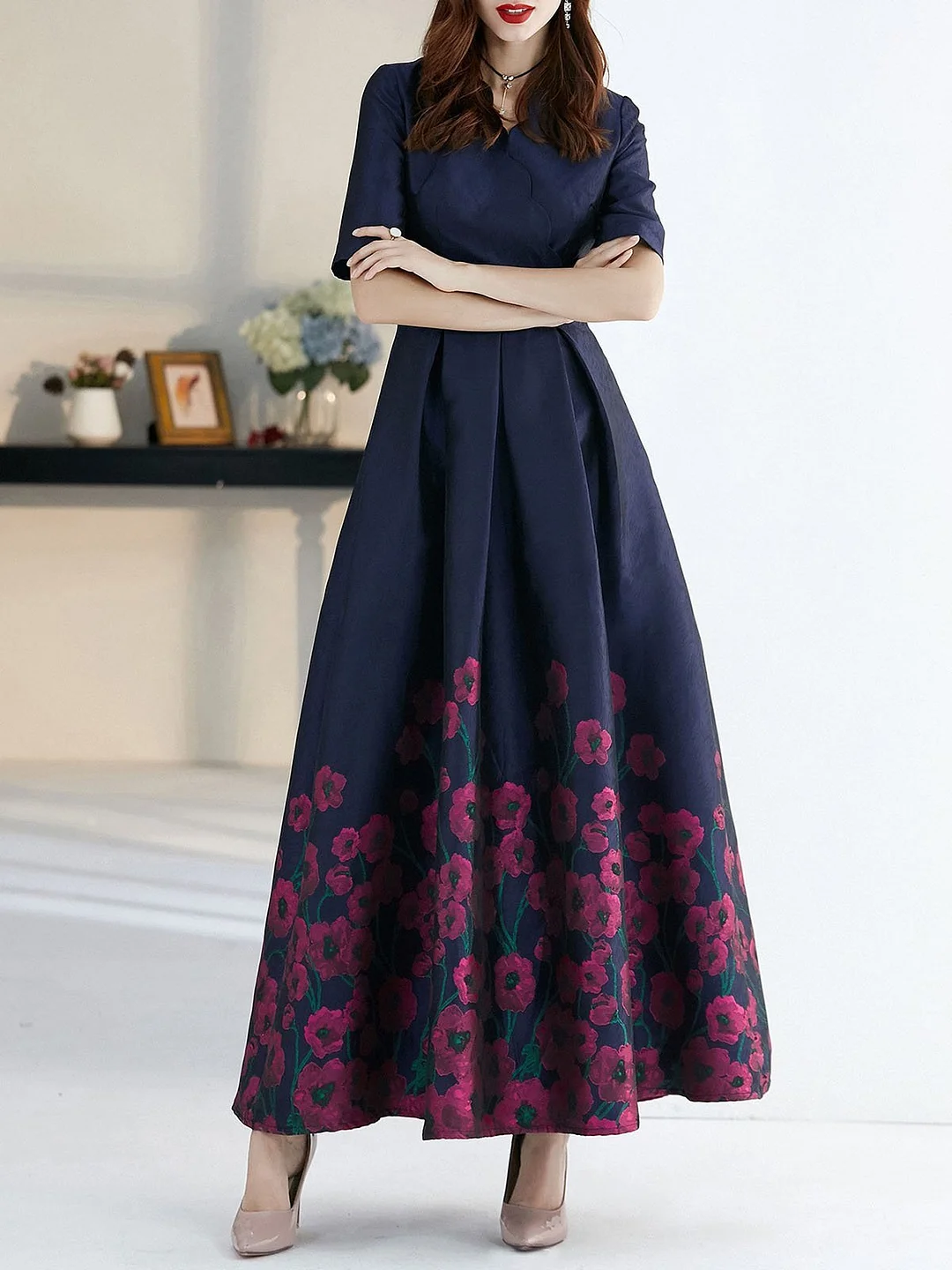 V neck Floral Printed Elegant Maxi Dress