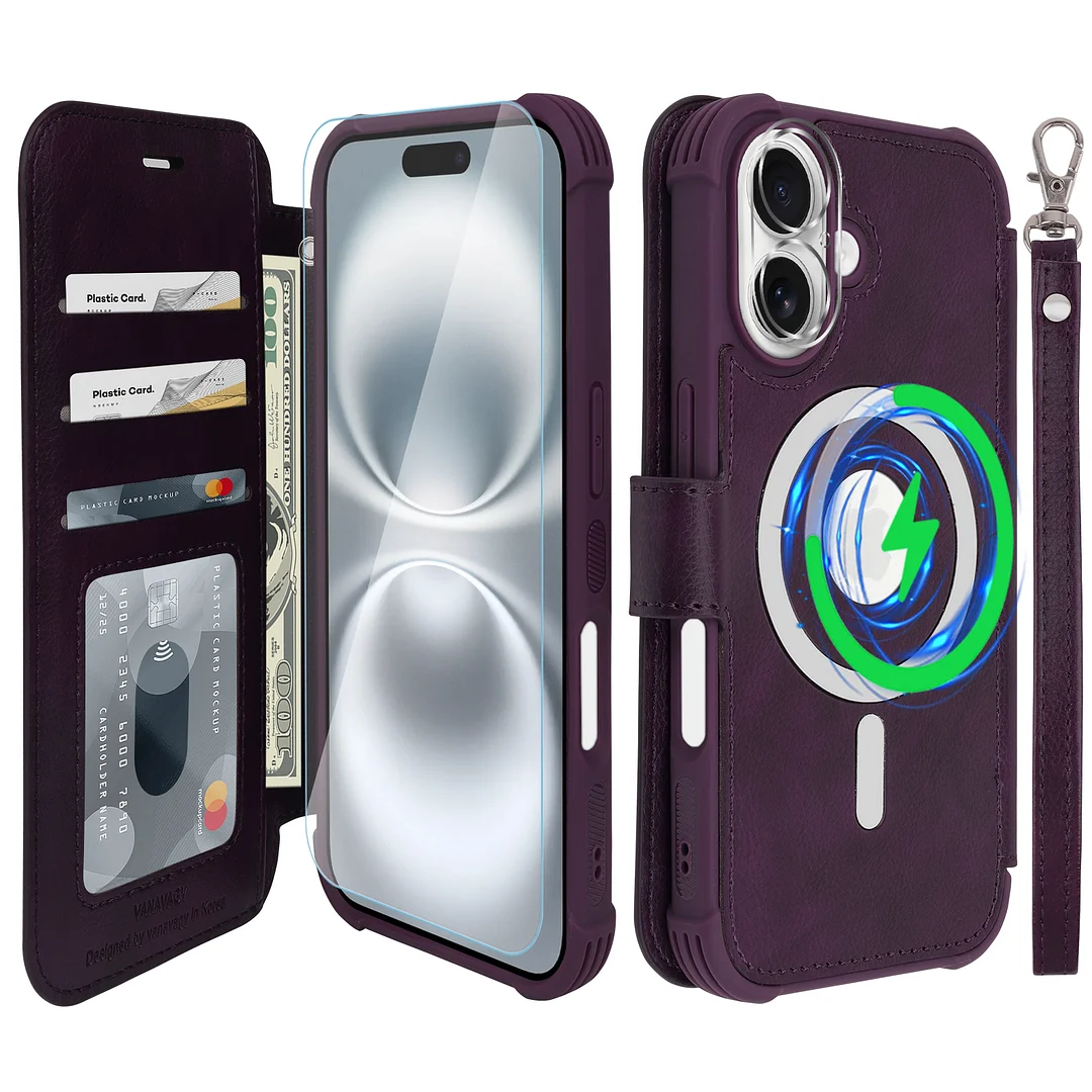 VANAVAGY Compatible for iPhone 16 Wallet Case for Magsafe Wireless Charging,Leather Flip Folio Wrist [Glass Screen Protectors & Camera Lens Protectors] with RFID Block Card Holder
