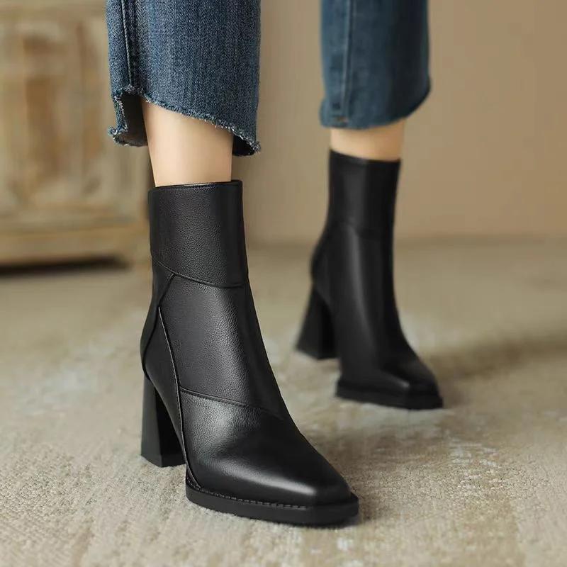 Tanguoant Tanguoant Brown Soft Leather Thick Heel Short Boots Female 2024 New High-Heel Martin Boots British Style Small Square Head Thin Boots