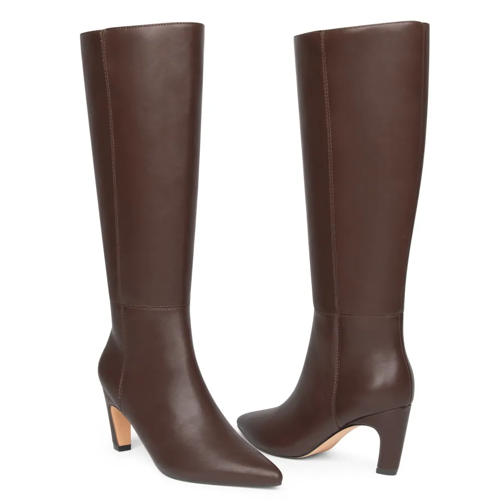 60mm Women's Classic Pointed Toe Block Heel Knee High Boots Side Zip Tall Dress Boots-MERUMOTE