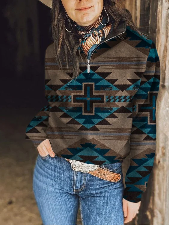 Women's Vintage  Ethnic Aztec Print Zip Long Sleeve Sweatshirt-263