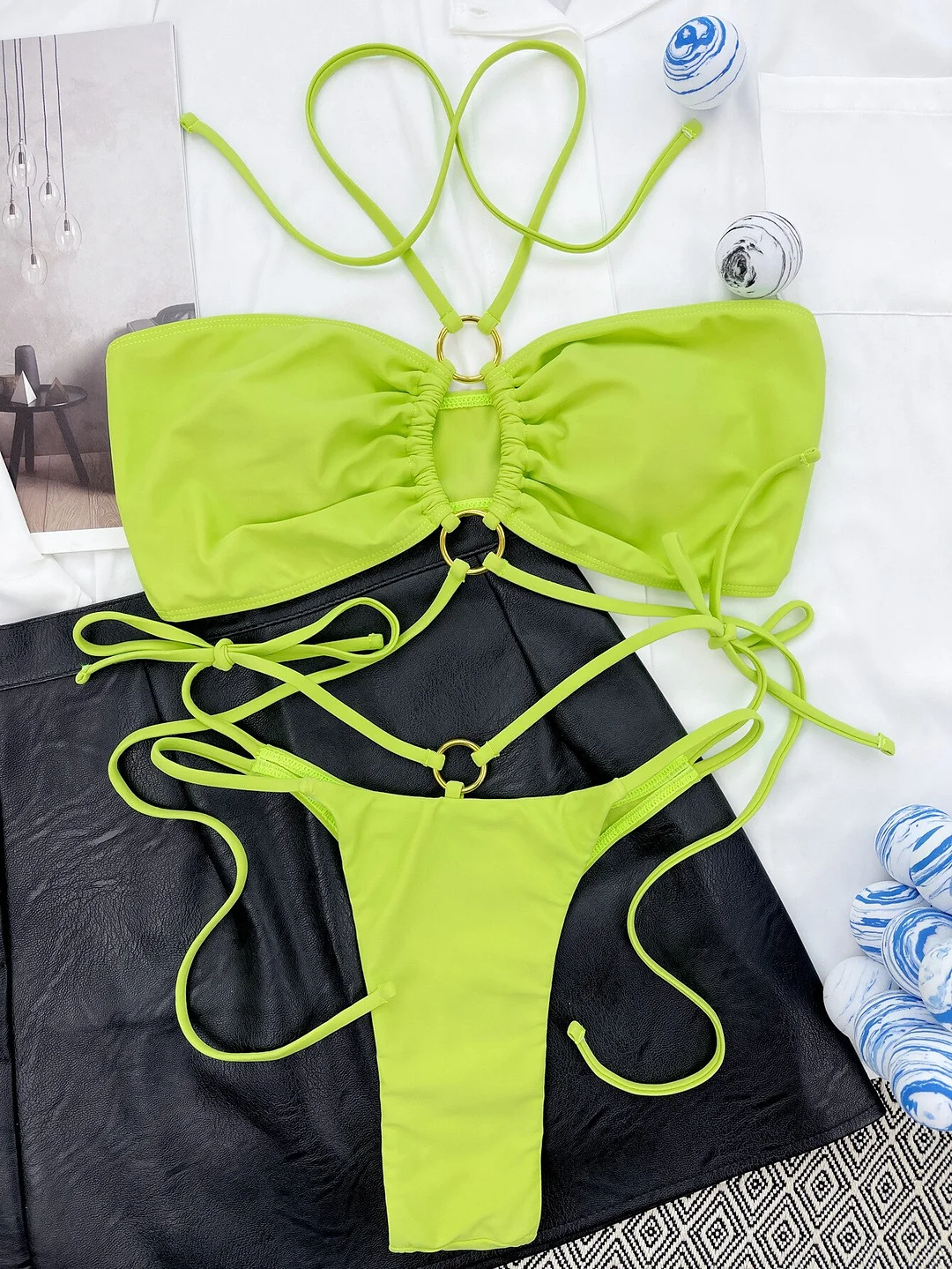 Billionm Neon Green Ruched Bikinis Stylish Halter Swimsuit Woman Cut Out Swimwear Set Woman 2 Pieces Lace Up Low Waist Swimwear