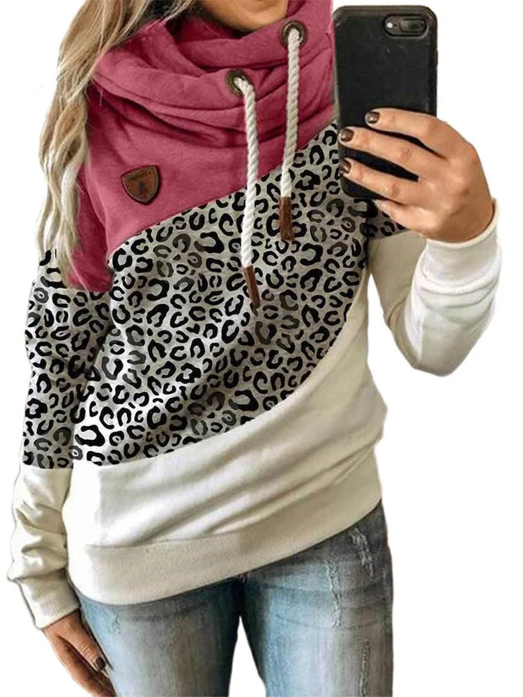 Women's Long Sleeve Scoop Neck Hooded Leopard Colorblock Top