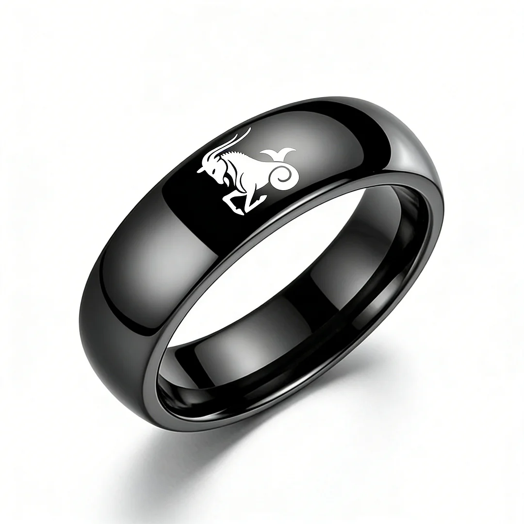 4MM 6MM 8MM Width Black Capricorn Tungsten Carbide Rings Prints Laser Design Domed Top Tungsten Wedding Band