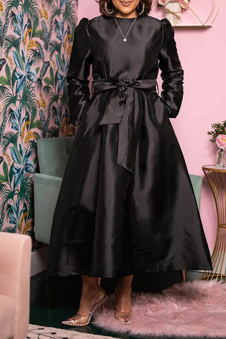 Plus Size Semi Formal Dress Black Round Neck Belt Solid Long Sleeve Midi Dress [Pre-Order]