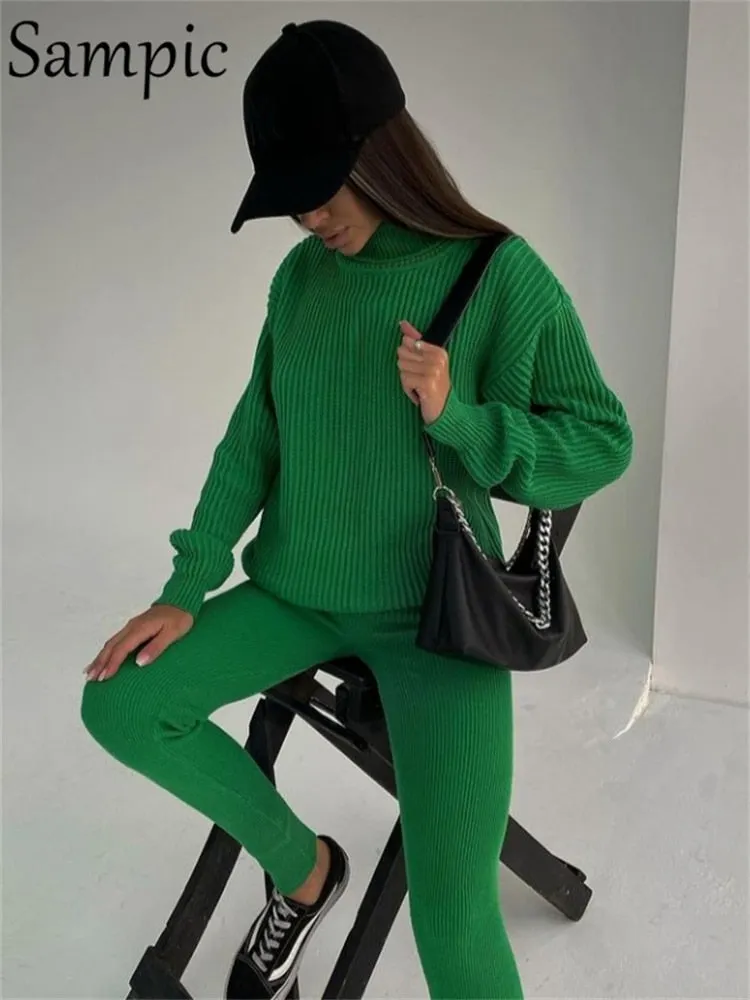 Sampic Casual Pants Suit Women Tracksuit Winter 2021 Pullover Knitted Sweater Tops And Skinny Leggings Pants Two Piece Set