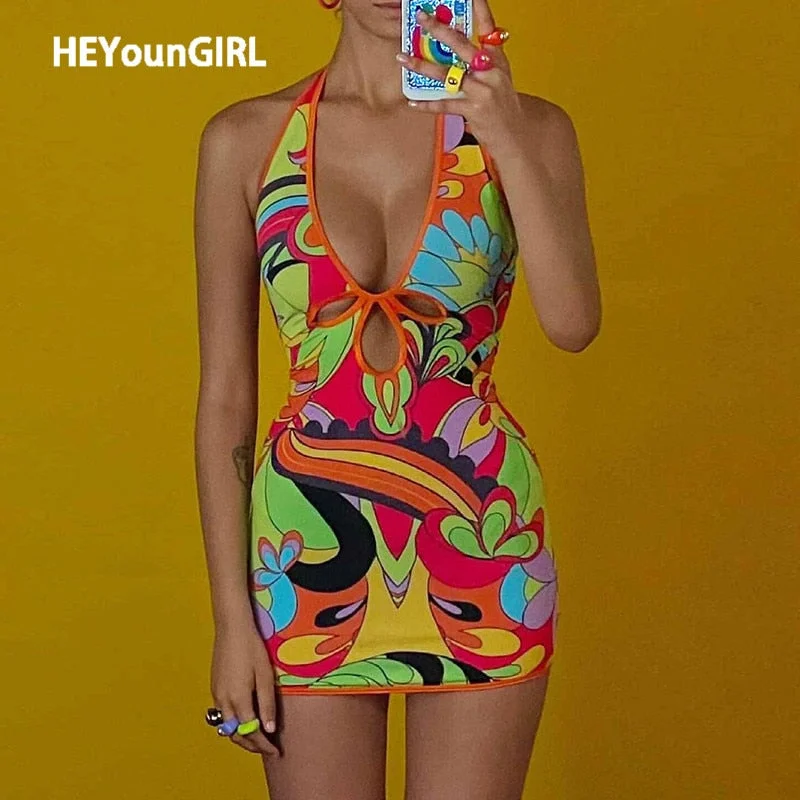 HEYounGIRL Summer Printed Sexy Backless Bodycon Mini Dress Cut Out V Neck Short Tank Dresses Women Fashion Streetwear Party