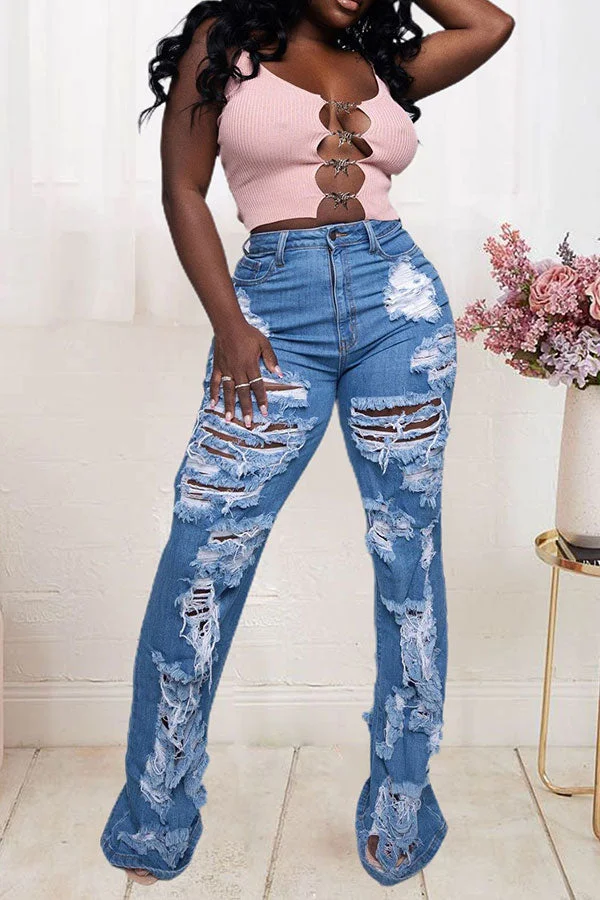 Blue On-trend Ripped Flared Jeans