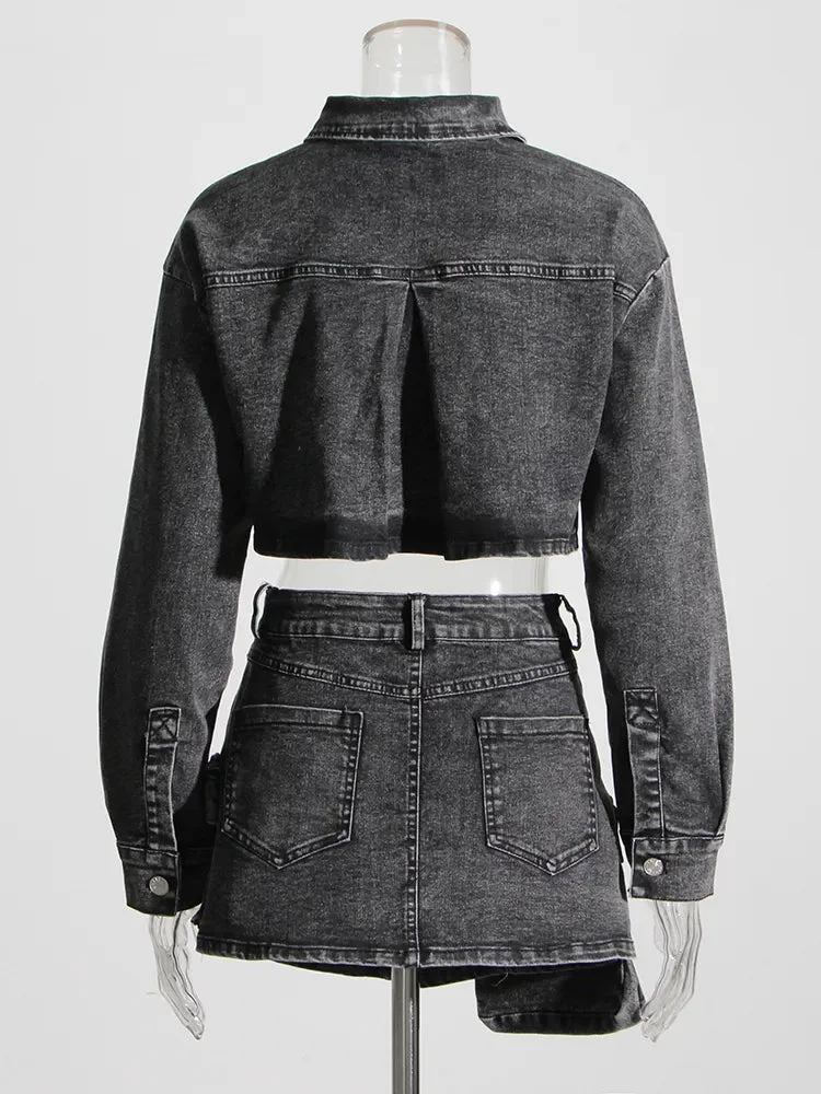 Oocharger Black Two Piece Sets For Women Lapel Long Sleeve Short Top High Waist Patchwork Pocket Mini Skirt Denim Set Female