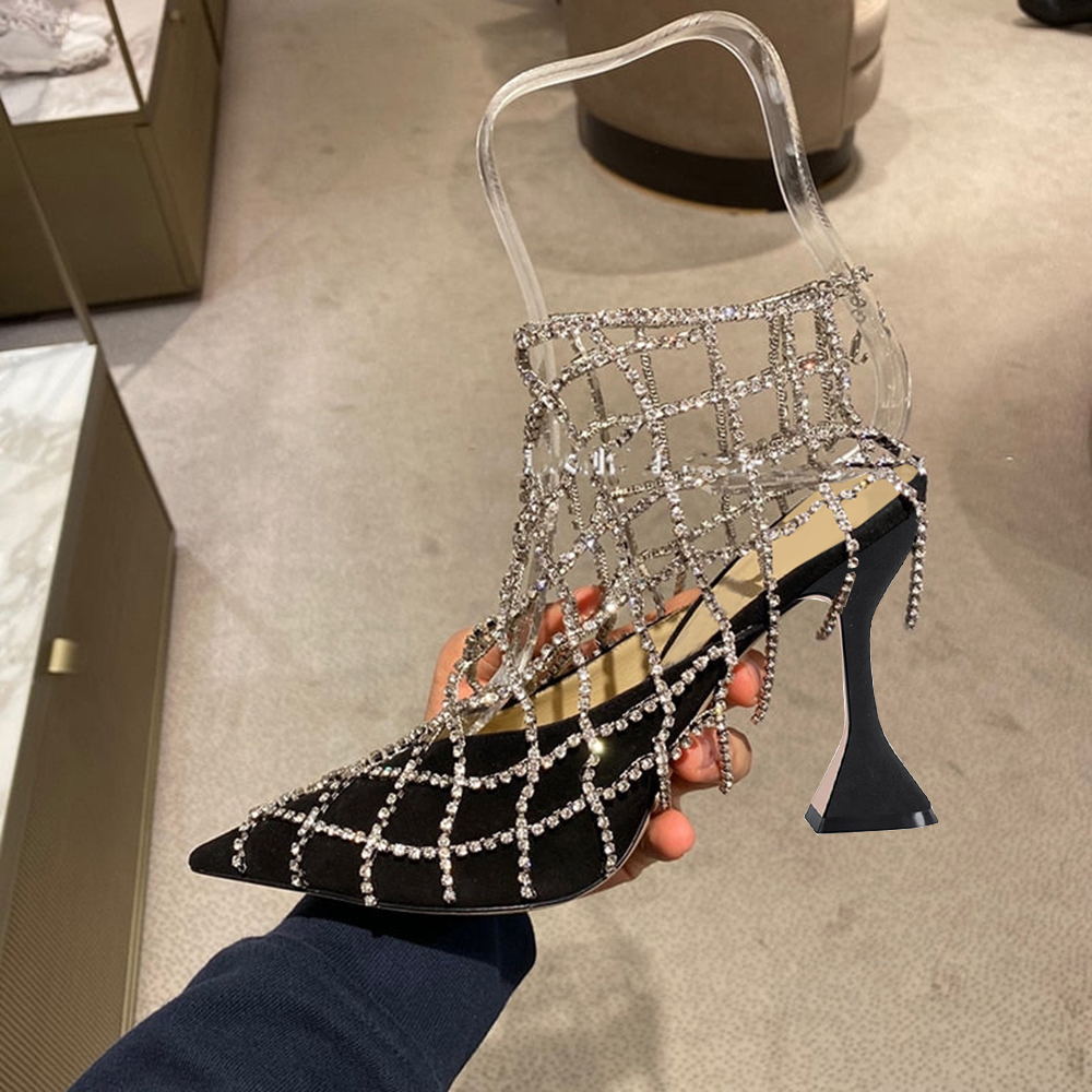 Black Mesh Closed Toe 3'' Flared Heel Sandals with Rhinestone  Nicepairs
