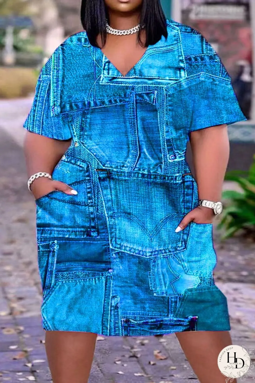 Blue Casual Print Patchwork V Neck Short Sleeve Dress Plus Size Dresses