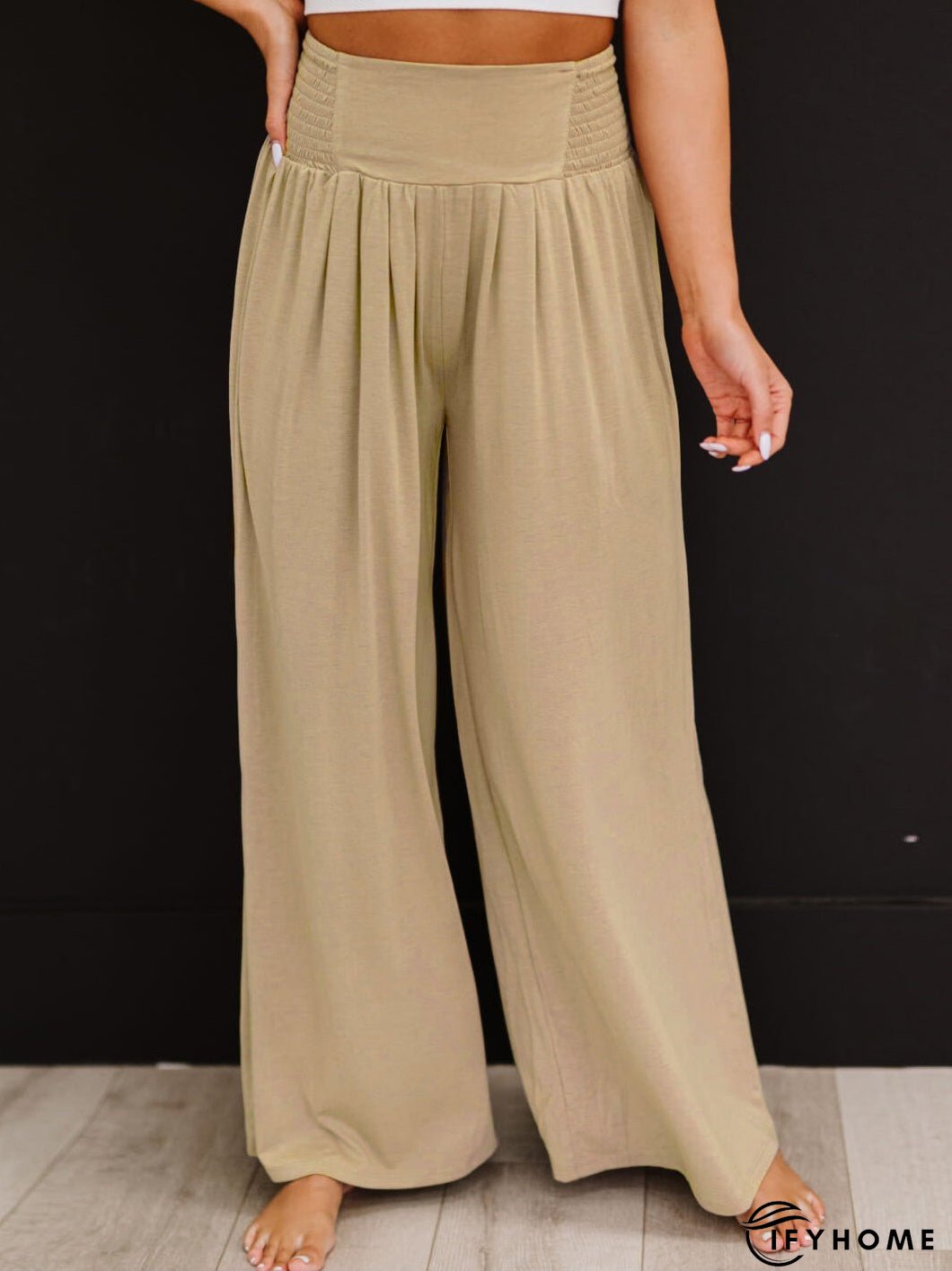 Women's Pants Casual Solid Elastic High Waist Wide Leg Pants | IFYHOME