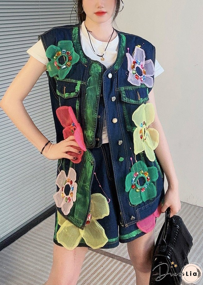 Unique Blue O Neck Zircon Floral Denim Women Sets 2 Pieces Summer