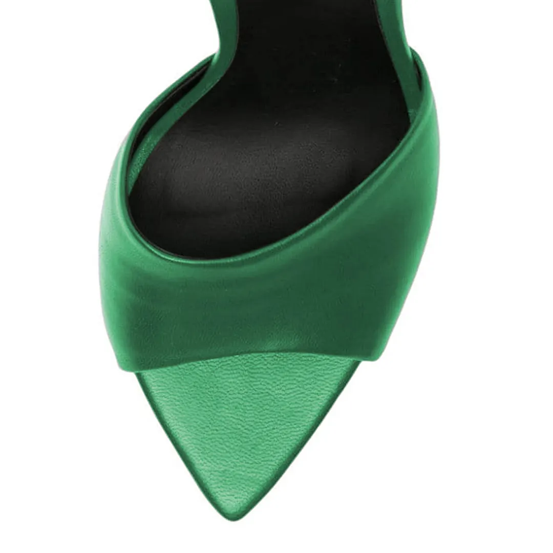 Green Vegan Leather Open Toe Clear Flared Heel Mules Sandals