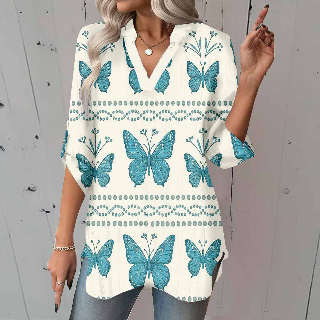 Women Butterfly, Blue DZGA0192 3/4 Sleeve V-neck Printed Graphic Button Tops