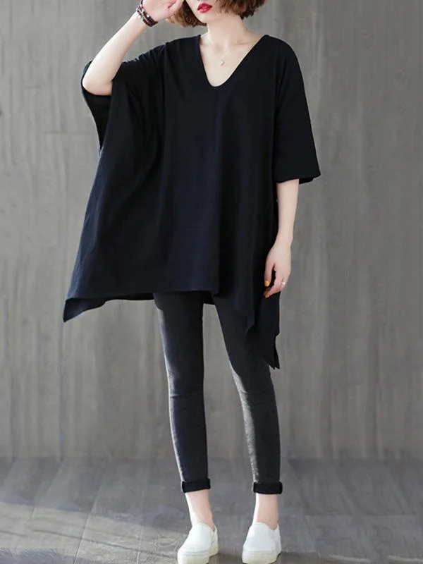 Loose Solid Color Cropped V-Neck Batwing Sleeve T-Shirt