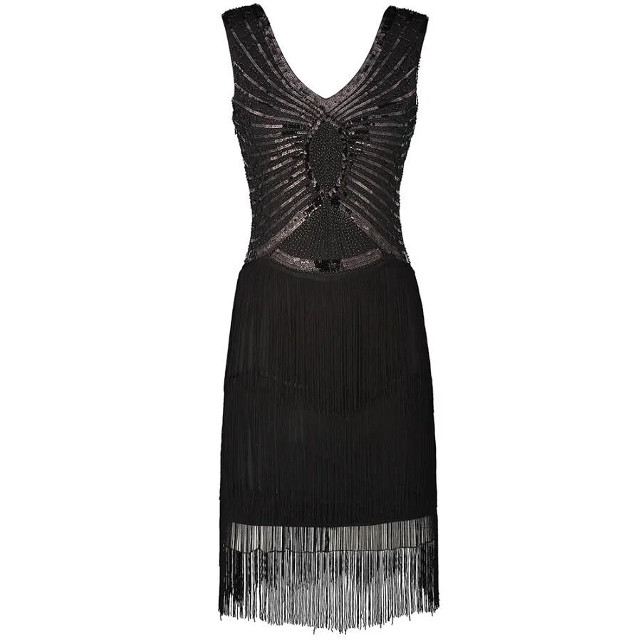 1920s Gatsby Charleston Sequin Fringe Flapper Dress V-Neck Sleeveless Party Dress