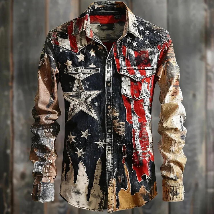 Men's Vintage Distressed Flag Print Long Sleeve Shirt