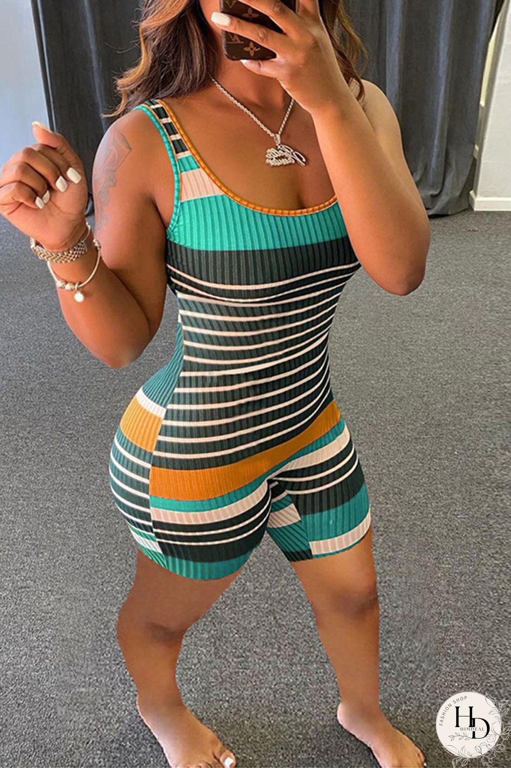 Sky Blue Fashion Casual Striped Print Basic U Neck Skinny Romper