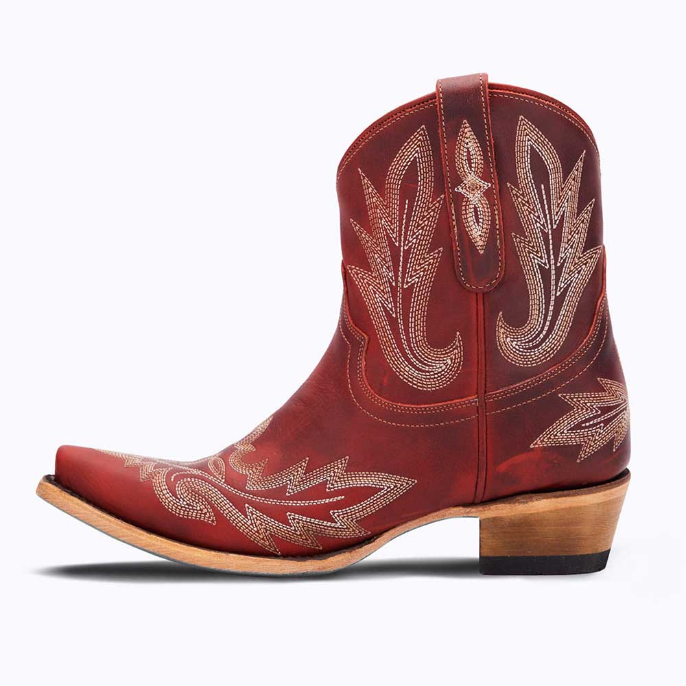 Red Embroidered Snip Toe Low Heel Pull-On Cowgirl Ankle Boots Nicepairs