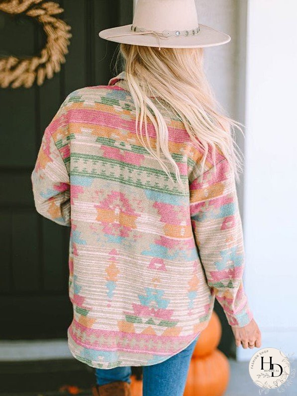 Women'S Western Printed Casual Jacket With Lapel Collar