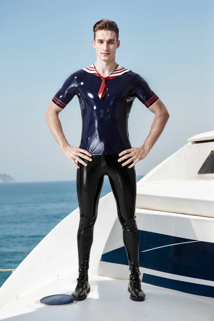 Men Latex Tops Male 'Jack Tar' Naval T-Shirt Deep Blue Color Retro Navy Style Creative Top (KG31783)