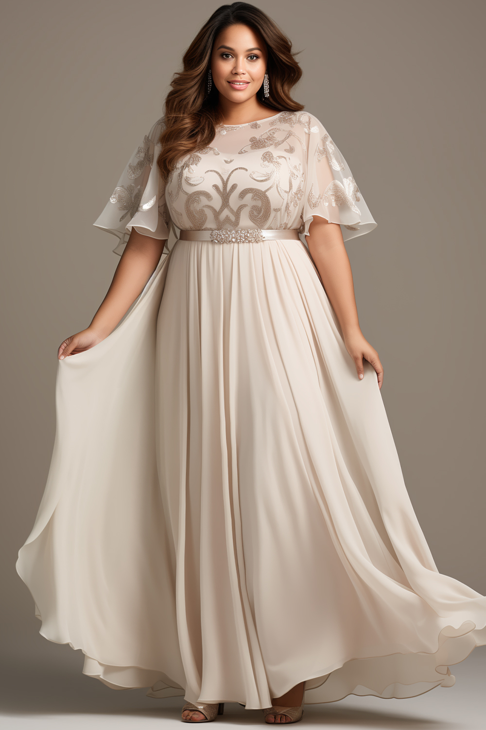 Flycurvy Plus Size Mother Of The Bride Beige Chiffon Embroidery Flutter Sleeve Maxi Dress