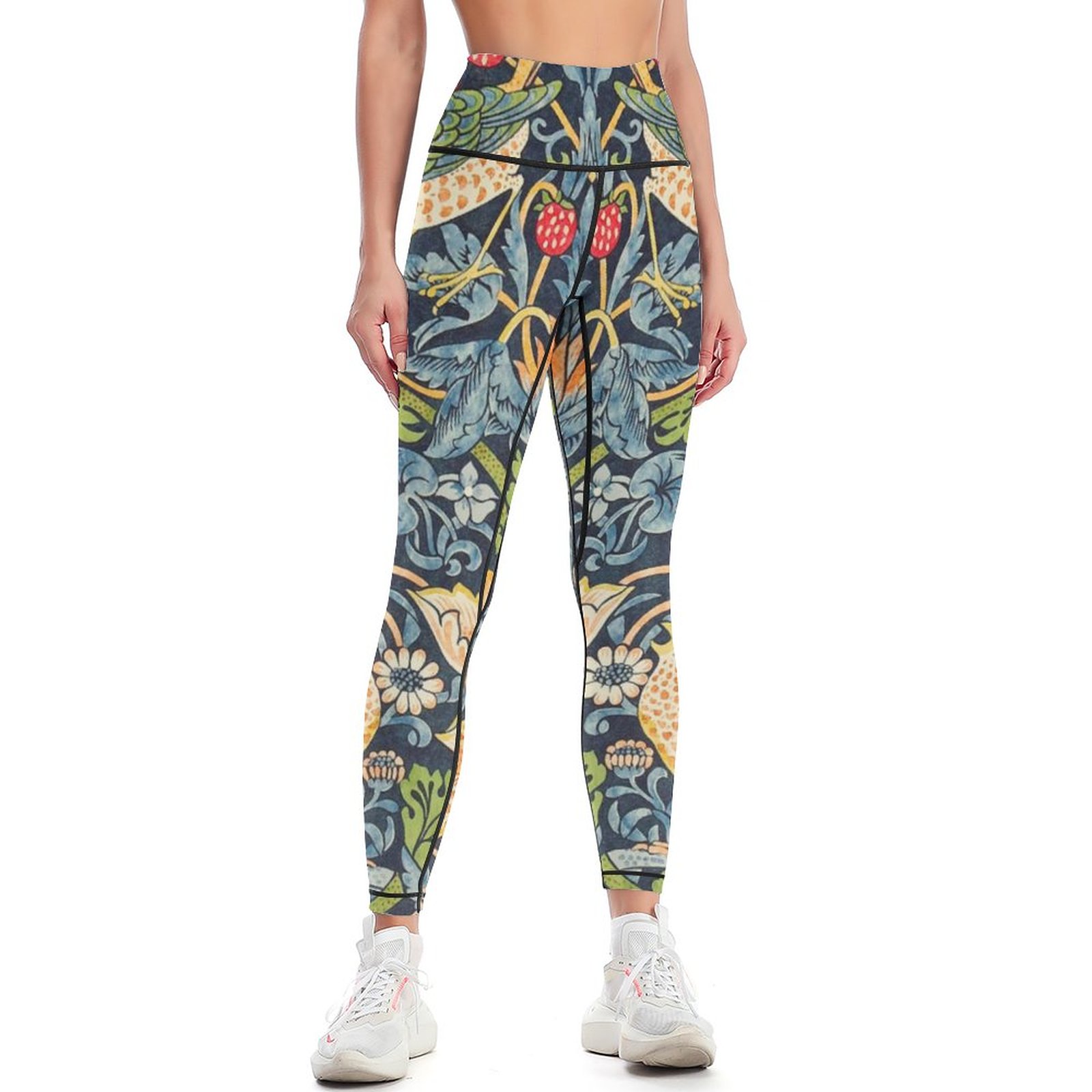 William Morris Strawberry Thief Floral Pattern Women Yoga Print Wideband Waist Sports Leggings Running Pant