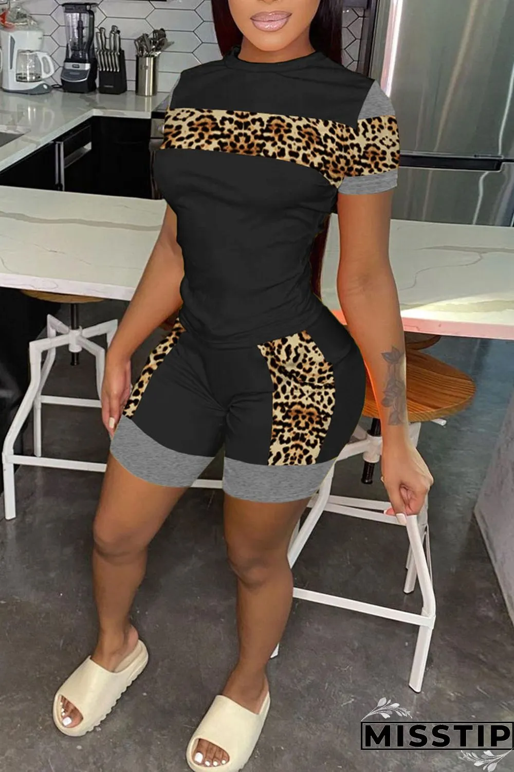 Grey Casual Print Patchwork O Neck Short Sleeve Two Pieces