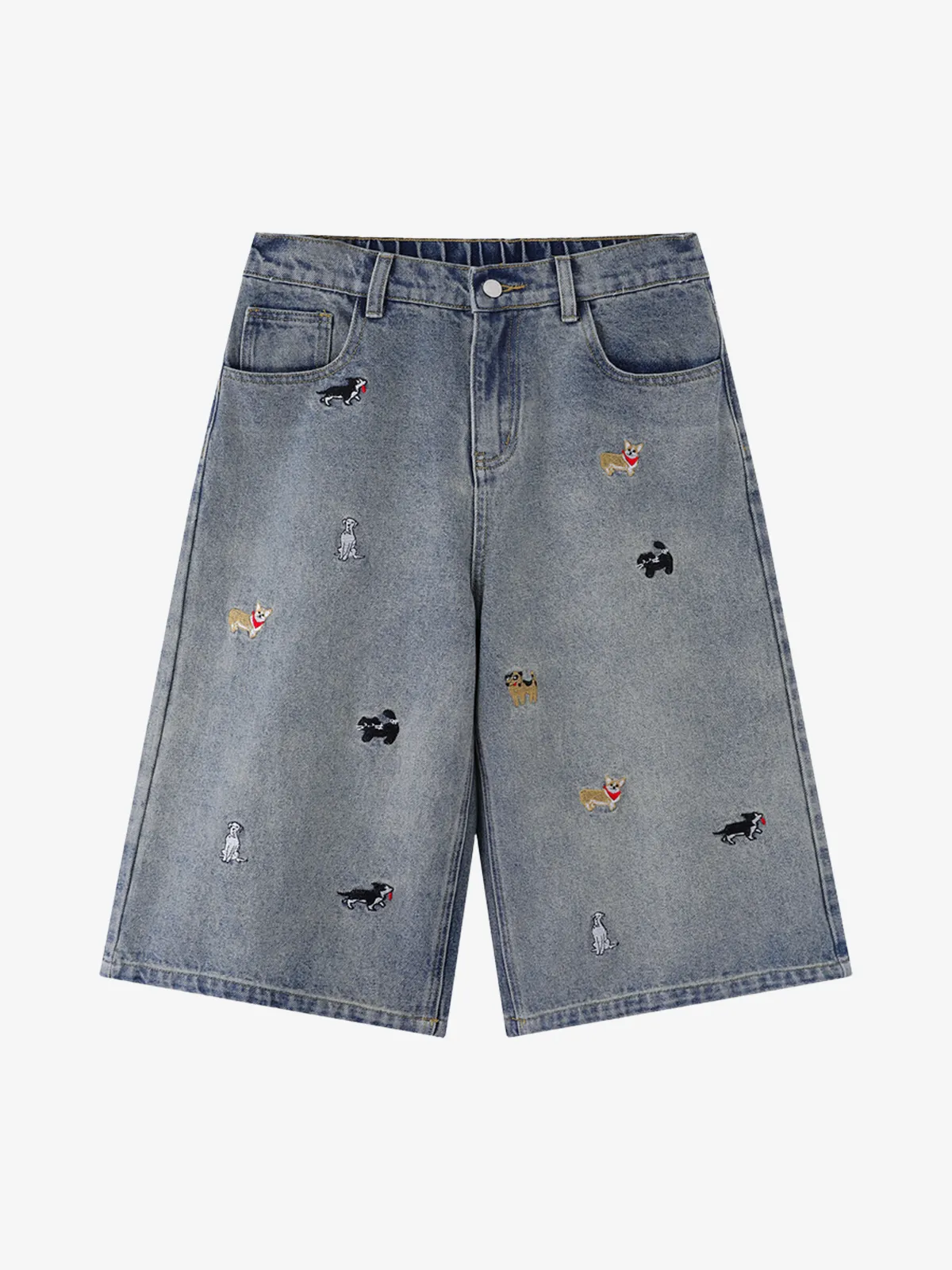 Blue Act Chic Vintage Puppy Embroidery Jorts Front