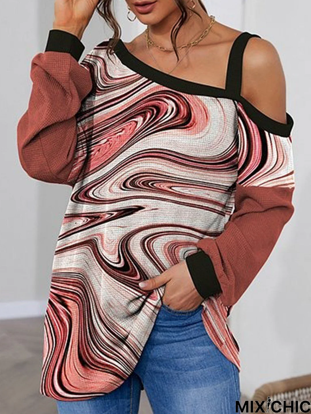 Abstract Color Block Long Sleeve Cut-Outs Cold Shoulder Casual Tunic Top