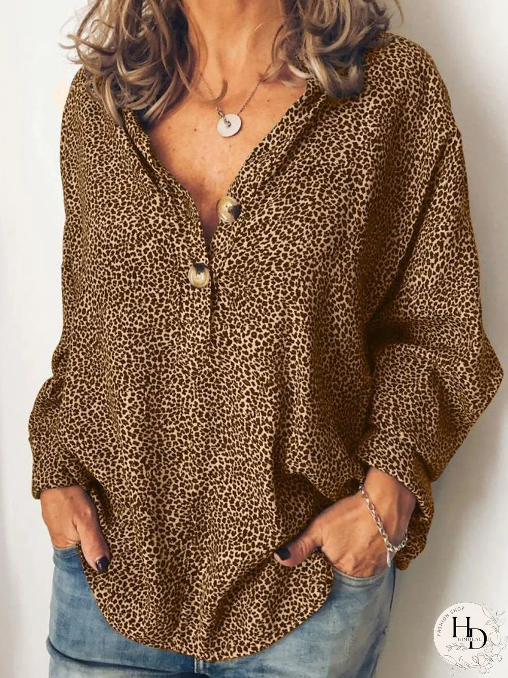 Leopard Print Long Sleeve Cotton-Blend V Neck Casual Tops&Blouse