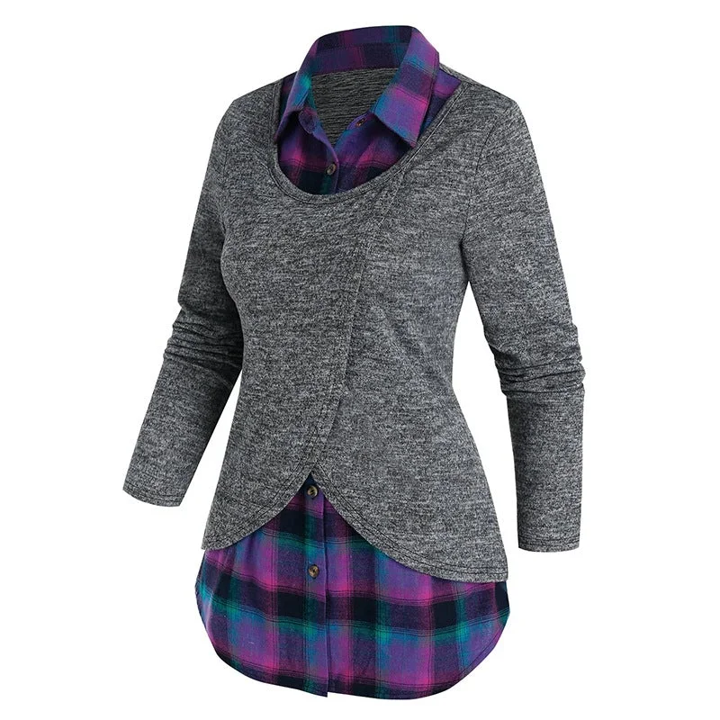 Women's Top Knitted Plaid Stitching Long Sleeves