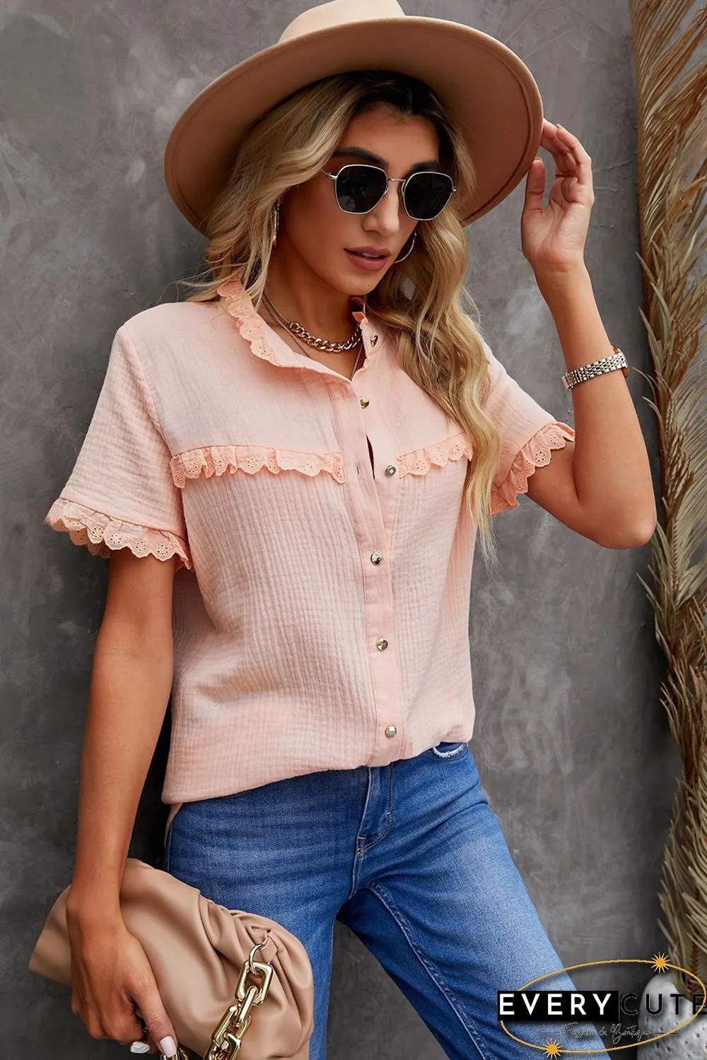 Pink Buttoned Lace Splicing Ruffle Textured Short Sleeve Shirt