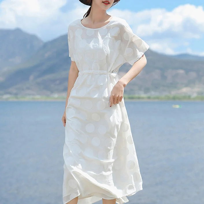 fine white linen maxi dress plus size O neck dotted gown fine short sleeve tie waist dresses