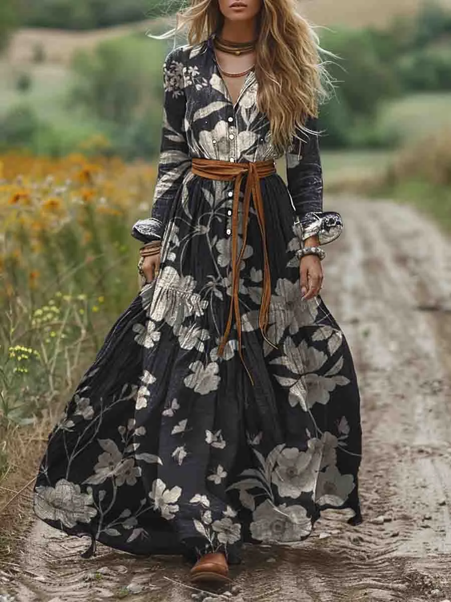 Women's Shirt Collar Long Sleeve Solid Color Pattern Print Pocket Cotton A-Line Dress