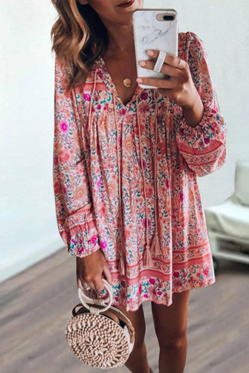 Casual Print Split Joint V Neck Cake Skirt Dresses
