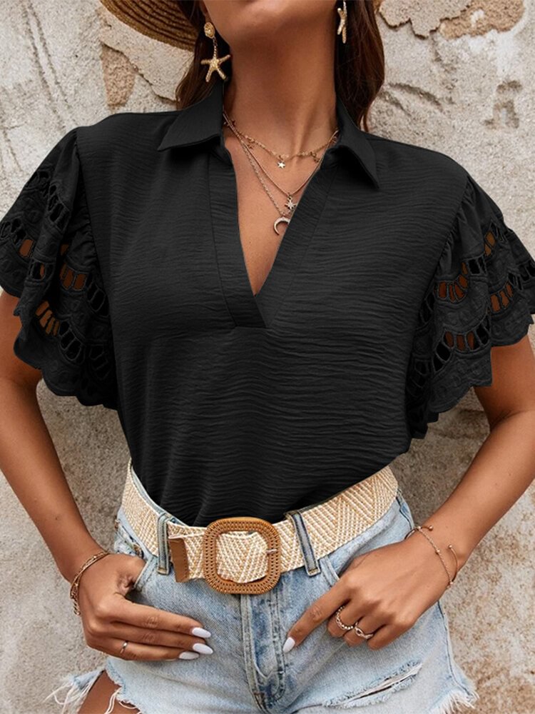 Solid Hollow Out Patchwork V Neck Blouse
