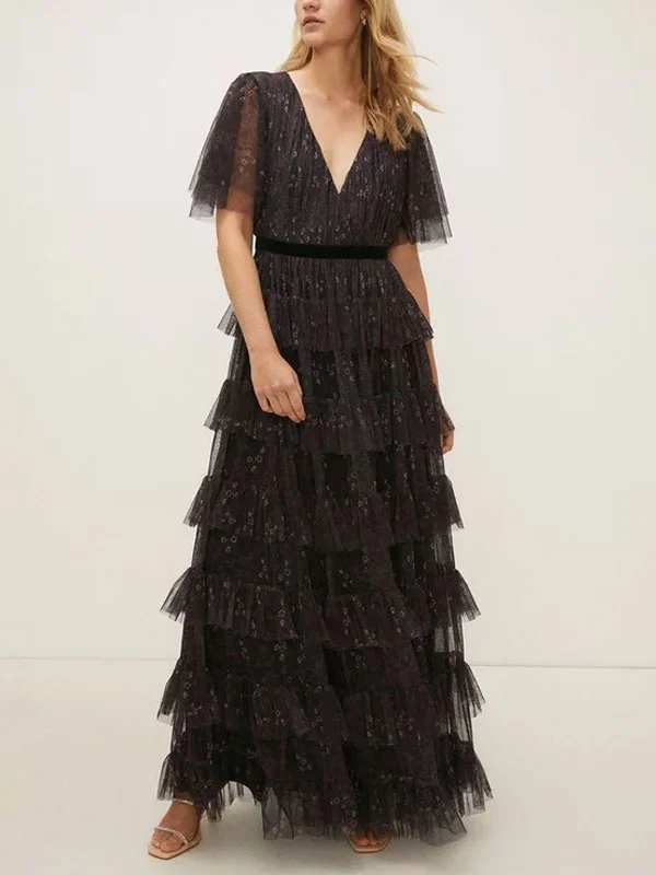 Floral Tiered Angel Sleeve Maxi Dress