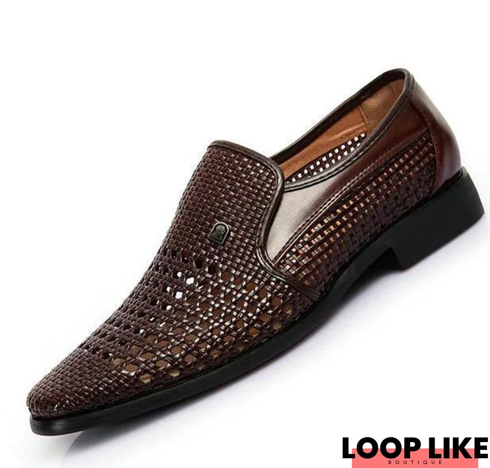 Men Vintage Genuine Leather Soft Bottom Slip-On Hollow Weave Sandals Shoes