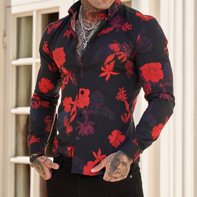 Ultra-thin Stretch Black And Red Floral Print Long-sleeved Shirt
